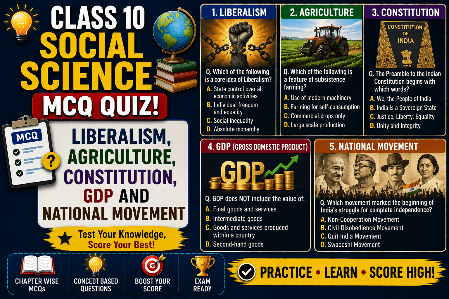 Class 10 Social Science MCQ Quiz Liberalism, Agriculture, Constitution, GDP and National Movement, myschoolstudy.com