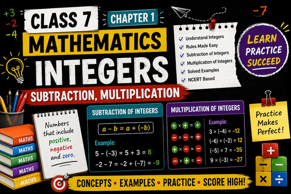 Class 7 Maths Chapter 1 Integers,subtraction, multiplication myschoolstudy,com