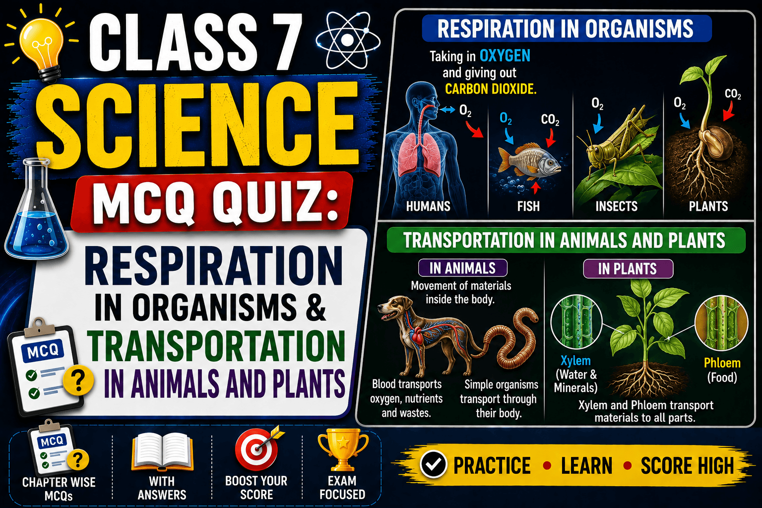 Class 7 Science Respiration in Organisms & Transportation in Animals and Plants,myschoolstudy.com
