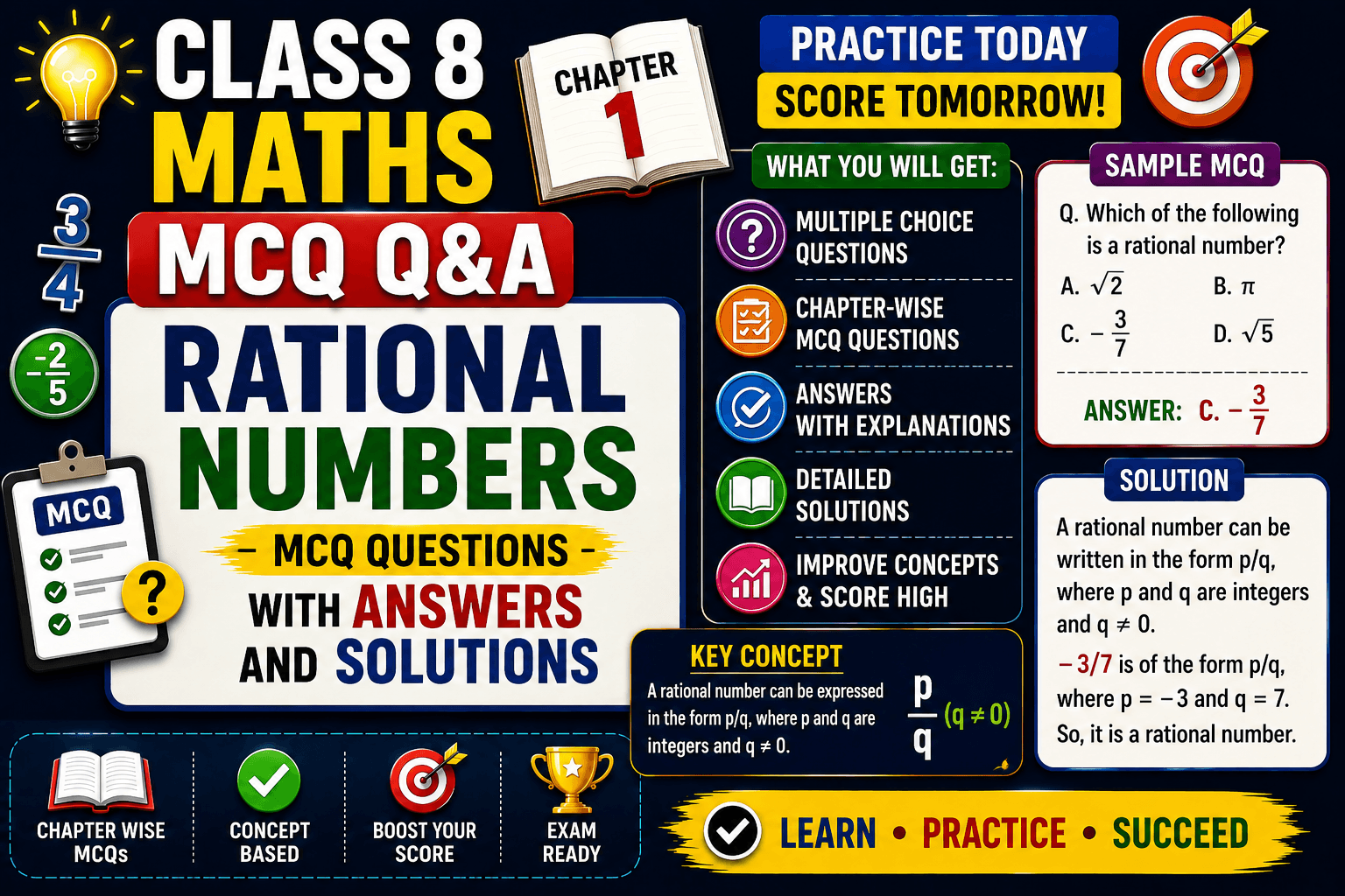 Class 8 Maths Chapter 1 Rational Numbers MCQ Q&A With Solution, myschoolstudy.com