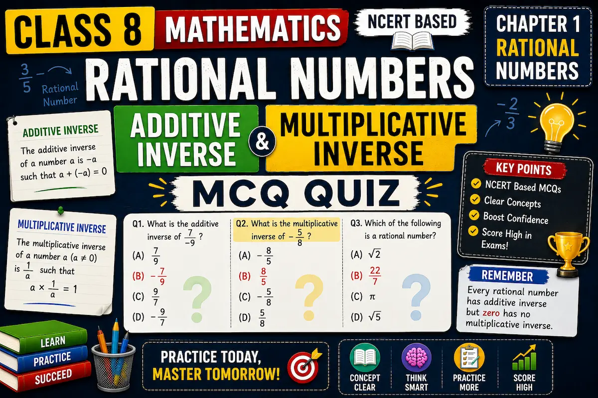 Class 8 Maths additive inverse, multiplicative inverse, Rational Numbers MCQ, myschoolstudy.com