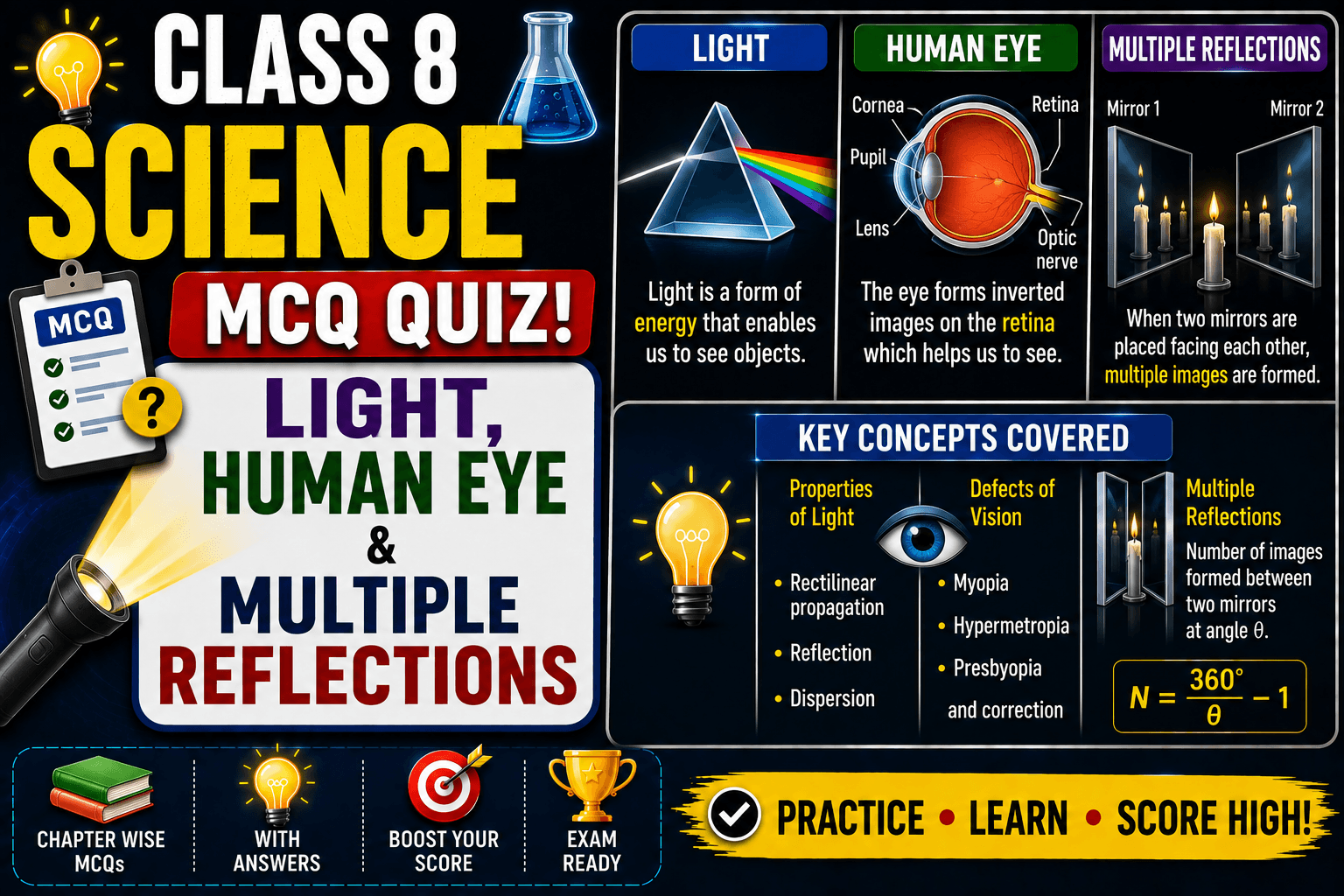 Class 8 Science MCQ Quiz Light, Human Eye & Multiple Reflections, myschoolstudy.com