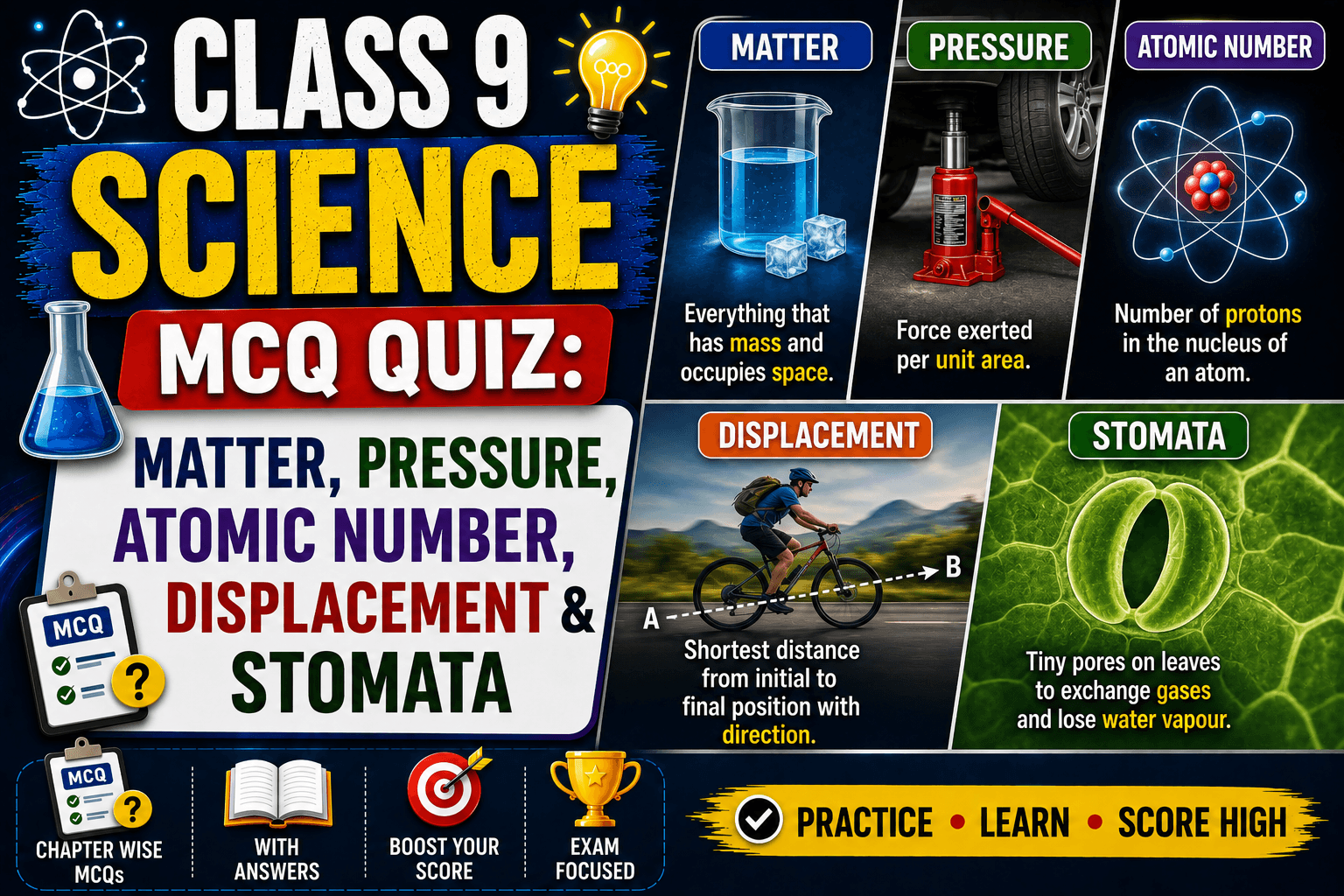 Class 9 Science - Matter, Pressure, Atomic Number, Displacement & Stomata, myschoolstudy.com