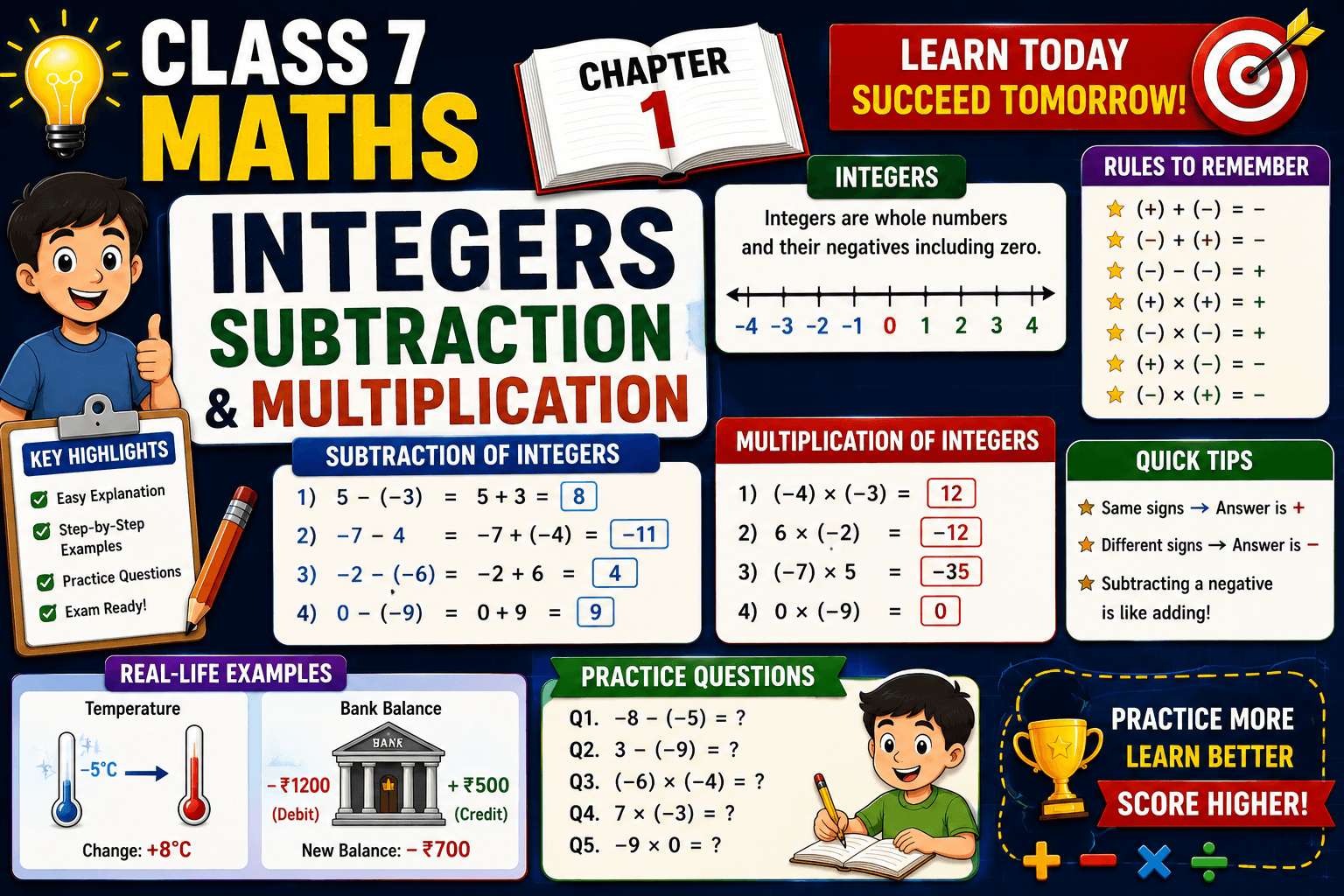 Class7 Maths Chapter 1 Integers-subtraction-multiplication, myschoolstudy.com