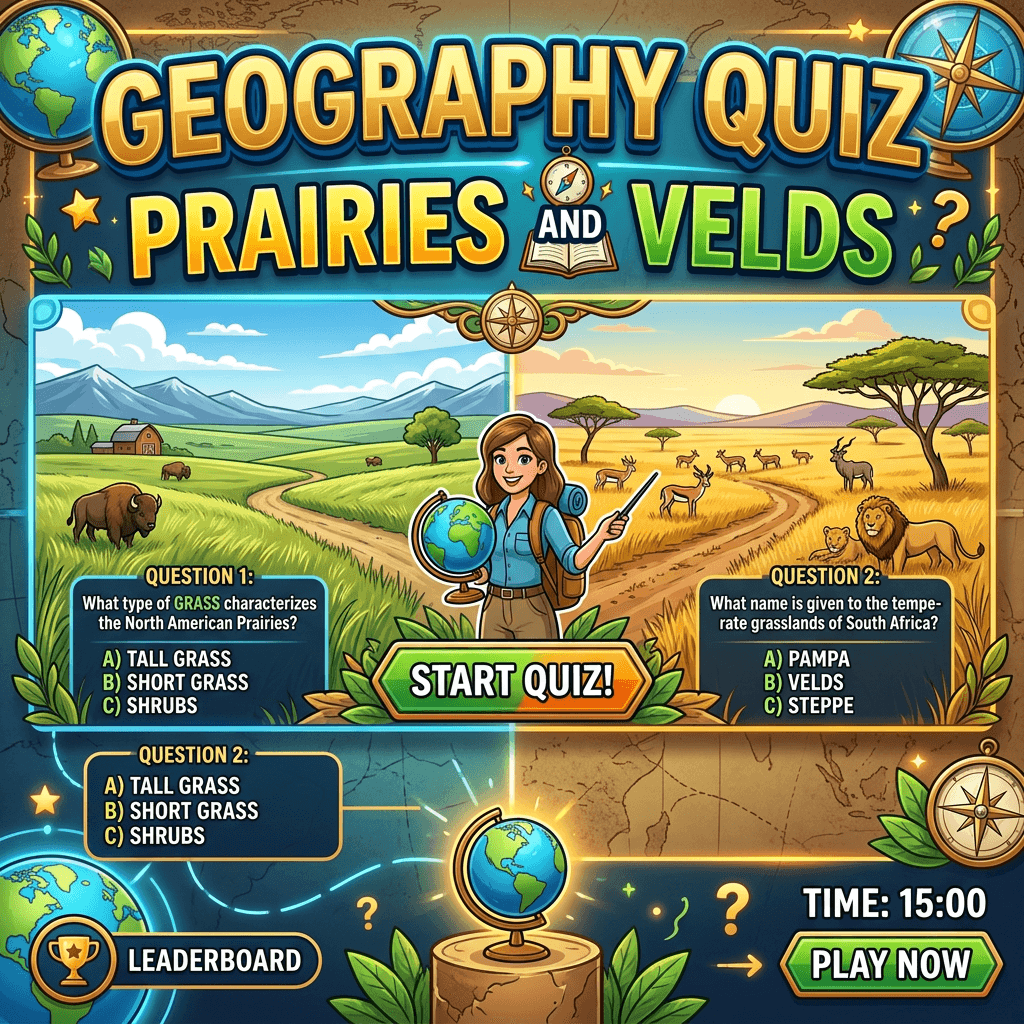 Geography quiz about grasses in North American prairies and South African velds with quiz questions and play button