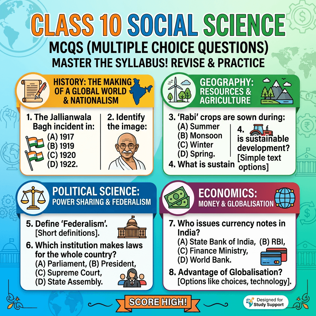 Class 10 Social Science MCQs covering history, geography, political science, and economics topics with questions and options