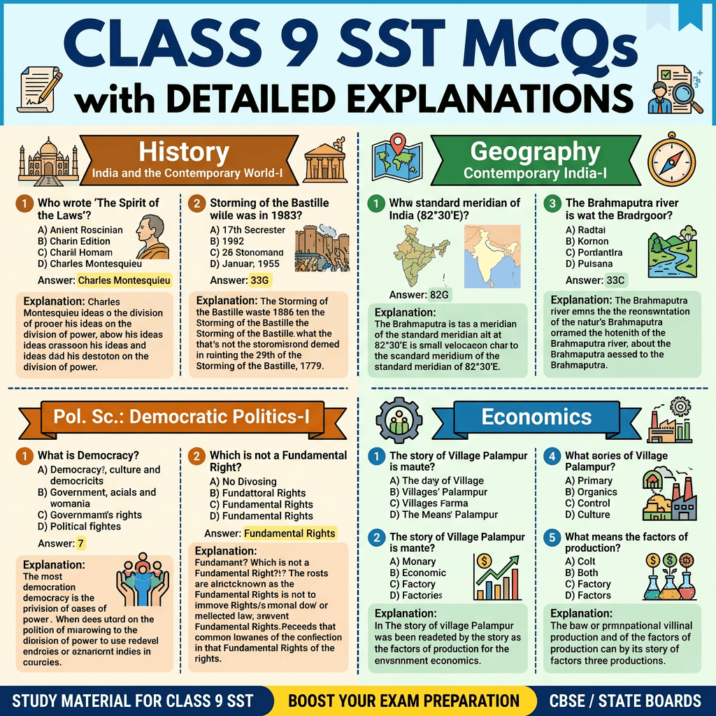 Class 9 Social Studies MCQs including History, Geography, Political Science, and Economics with answers and explanations