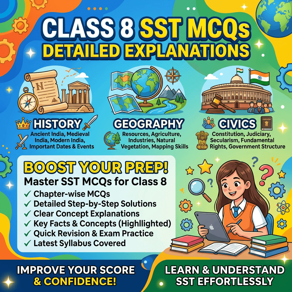 Class 8 SST MCQs detailed explanations for History, Geography, Civics with study tips and visuals