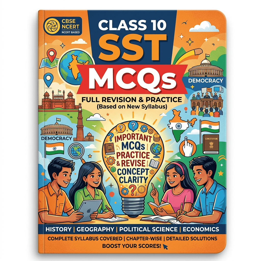 Class 10 SST MCQs book cover with students studying and topics like democracy and constitution