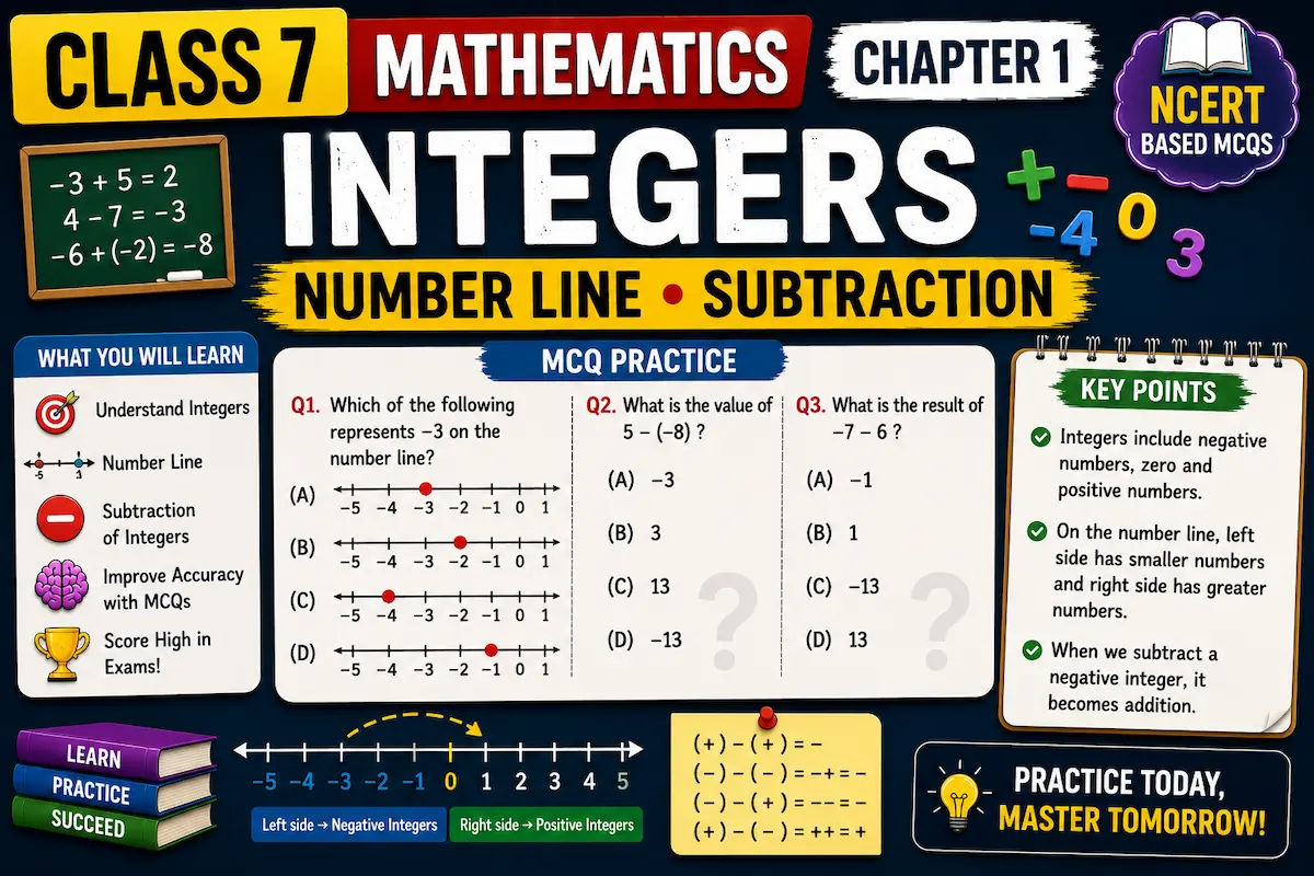 Class 7 Maths Chapter 1 Integers, number line, subtraction, NCERT MCQS, myschoolstudy.com